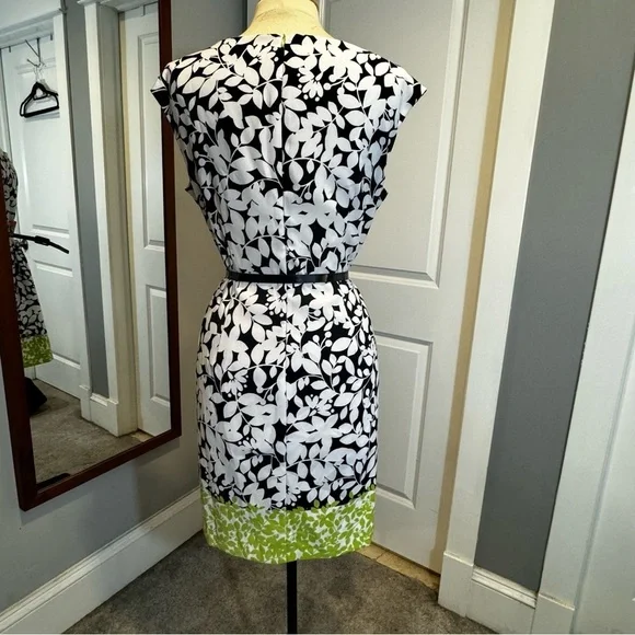 London Times Black White Green Square Neck belted floral leaves Sheath Dress 12 - Picture 5 of 11